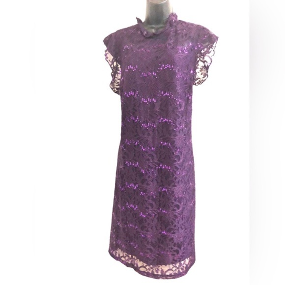 Purple lace sequin ruffle neck flutter sleeve sheath plus cocktail dress size 16 - Picture 1 of 16